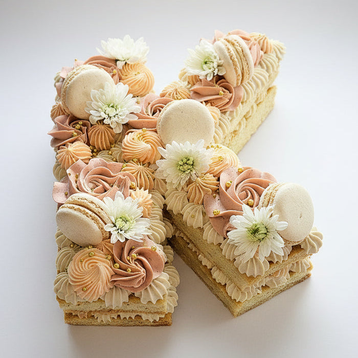 Letter K cake made by Perth Cake and Cookie Co. Designed with flowers and macarons.
