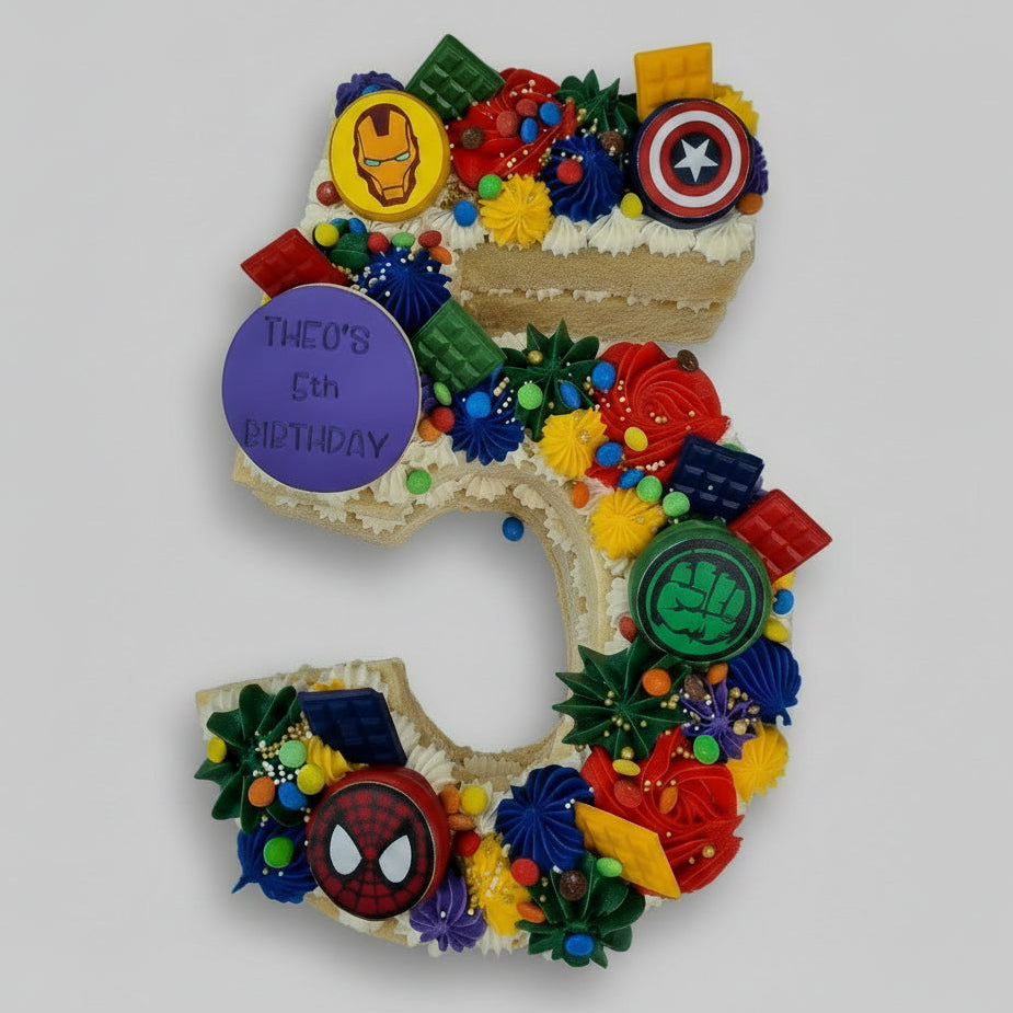 Superhero number cake, created by Perth Cake and Cookie Co